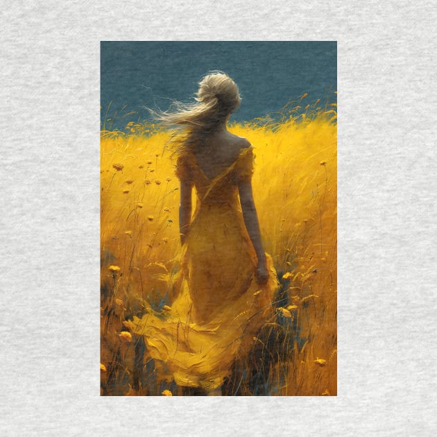 beautiful girl in yellow dress in yellow fields by UmagineArts